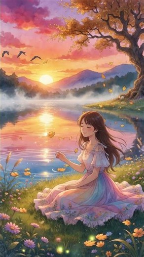 "Peaceful Sunset Anime Girl 🌅 | Dreamy Lake View | Relaxing Aesthetic Wallpaper"