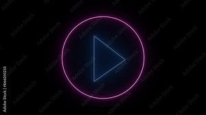 Animated play button on screen. Glowing blue neon shine play button with neon circle