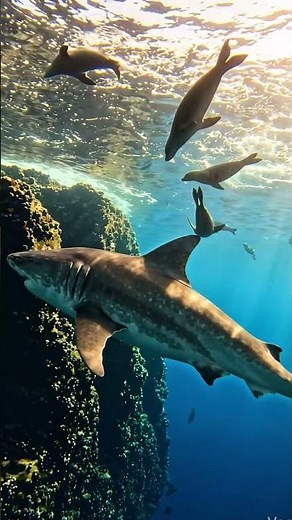 Great White Sharks Hunting Along the Coast.