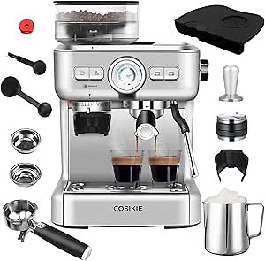 Semi Automatic Espresso Machine with Grinder, Steamer Milk Frother, COSIKIE All in One , 20 Bar, Home Barista Cappuccino Coffee Maker, Gifts for Her or Him, CK5700