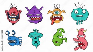 Cartoon monsters with various expressions. Each monster has a unique design. 2d looped animation with alpha channel.