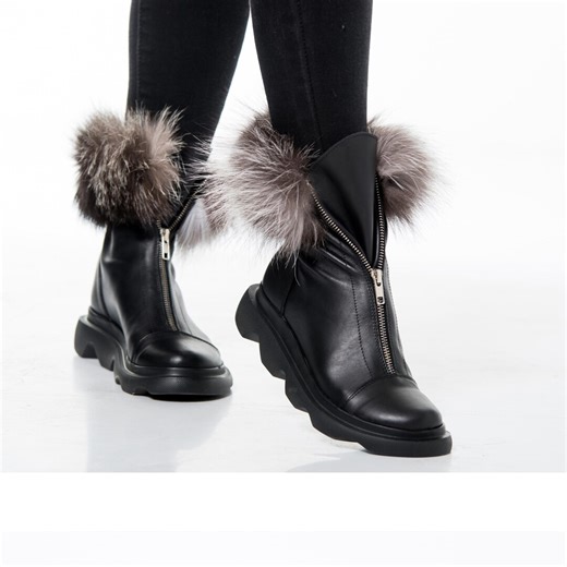 Black Leather Platform Boots With Silver Fox Fur Trim - Etsy