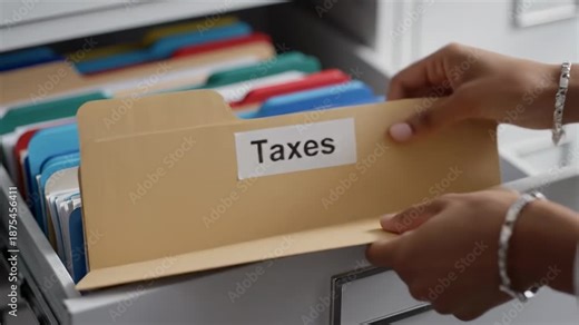 Organized Taxes Folder Being Pulled From Filing Cabinet Drawer, Office Clerk Retrieving Labeled File With Neat Colored Tabs, CloseUp Of Hand Gripping Folder Showing Administrative Order,