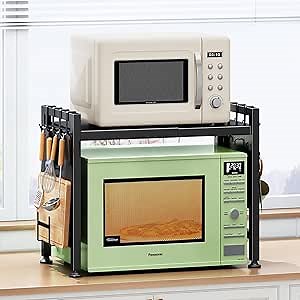 Expandable Microwave Stand Countertop, 2-Tier Adjustable Microwave Oven Rack with 8 Hooks & 2 Holders, Heavy Duty Carbon Steel Microwave Shelf for Kitchen Counter Organizer and Storage, Holds 120lbs