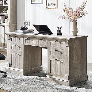 OKD 60" Executive Desk with Drawers, Farmhouse Home Office Desk with Charging Station, Keyboard Tray, File Cabinet Storage, Wood Computer Desk for Work and Study, Light Rustic Oak