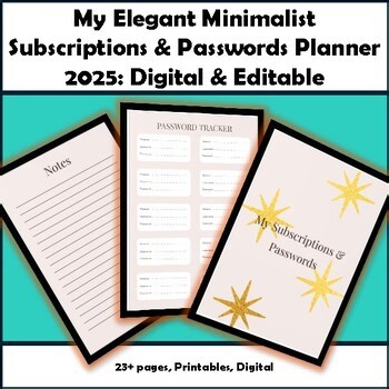 My Elegant Minimalist Subscriptions Passwords Planner Digital Editable TPT Teach