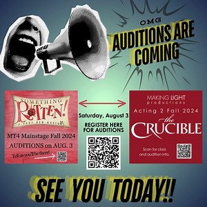 We're screaming!! It's TODAY!!! Let us know you're coming: https://www.makinglightproductions.org/auditions If you can't make it in person please email info@makinglightproductions.org for video submission information. #auditions #acting #actingclass #musical #musicaltheatre #musicaltheatrelife #performingarts #somethingrotten #crucible #middleschool #middleschoolers #highschool #makinglightproductions | Making Light Productions