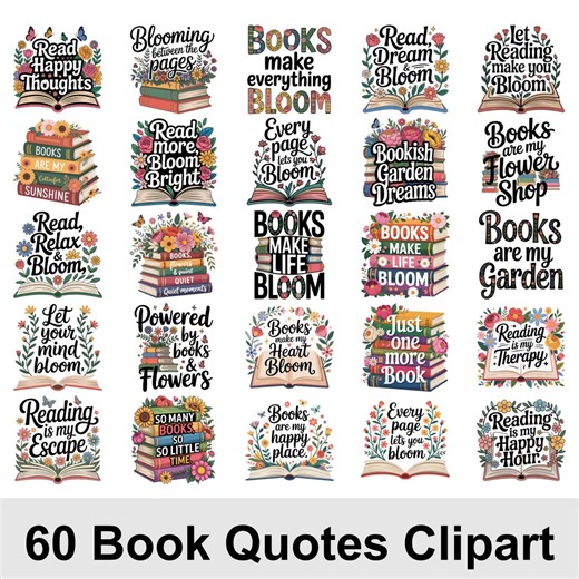 60 Book Quotes Clipart PNG Bundle, Floral Book Quote Clipart for Junk Journal • Literary Bookworm Graphics • Commercial Use Instant Download - Etsy