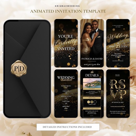 Animated Wedding Invitation, DIY Template Canva, Modern Black and Gold Luxury Digital Wedding Video Invite, Wedding Einvite - Etsy