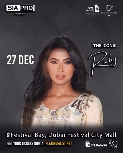 SIA PRO on Instagram‎: "Sia Pro presents Arab pop sensation Ruby, live in Dubai for the very first time! ✨💃 Get ready for a high-energy night packed with her biggest hits and an unforgettable stage experience. 🔥🎤 📅 December 27 📍 Festival Bay – Dubai Festival City Mall 🎟 Get your tickets now through the link in bio #sia_pro سيا برو تقدّم نجمة البوب روبي في أول حفل لها في دبي! ✨💃 استعدّوا لسهرة مليئة بالغناء، الطاقة، والأجواء الساحرة 🔥🎤 📅 ٢٧ ديسمبر 📍 فستيفال باي – دبي فستيفال سيتي مول �