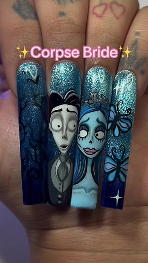 💙The most beautiful Corpse Bride Nails by affiliate artist @Alisha using our Cat Eye Gel & Dream Liner brushes! ✨Use: ALISHA10 to save✨ #corpsebride #corpsebridenails #halloweennails #nailsart #nails #nailzbydevshop #nailart