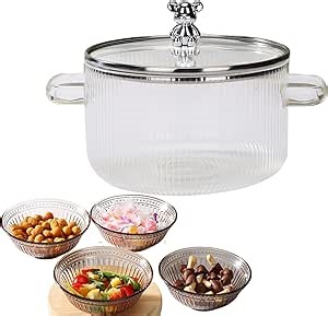 Glass Simmer Pot 57OZ/1.7L, Glass Cooking Pot with 4 Serving Bowls Glass Saucepan Glass Pot for Cooking, Clear Pots Glass Cookware Set for Pasta Noodle Soup Milk, White