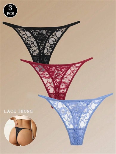 3pcs Women's Low-Rise Sexy Lace G-String With Flower Pattern Sexy Lingerie
