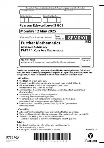 2025 Pearson EDEXCEL As Level Further MathemATIcs Paper 1 8fm0 01 Core Pure MathemATIcs