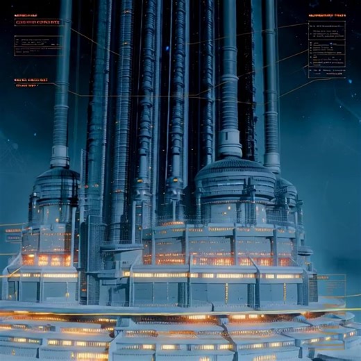 Extremely detailed cross-section of a futuristic megastructure city built on an asteroid, glowing blueprint overlays labeling different sections, cinematic perspective, orange and teal lighting, ultra-detailed architecture and engineering layers, smooth airbrushed realism, clean technical lines over a deep space background, realistic lighting and reflections, film grain texture, warm halogen tones, photoreal painted surfaces with labeled schematics, vintage sci-fi illustration aesthetic | Lon Na