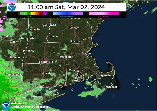 [Approximate Radar Simulation] Rain will be overspreading the region from west to east this morning into mid afternoon and continue tonight. Temps may be just cold enough for a brief period of light icing at elevations near and above 1500 feet along the east slopes this Berks. | US National Weather Service Boston MA