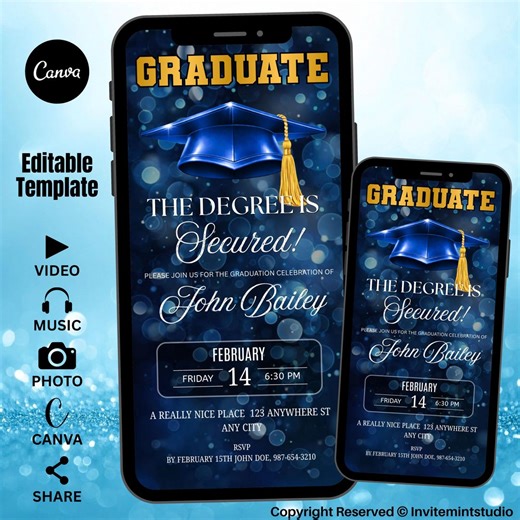 Editable Blue Graduation Celebration Invitation, College Degrees Secured Announcement, Digital Graduation Invite Template, PDF Download - Etsy