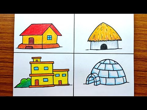 4 Different types of Houses Drawing Colour Easy | How to Draw Different Types of Houses Step by Step
