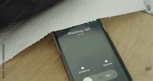 Close-up of a smartphone showing an incoming “phishing call” warning while hidden partially under paper, creating a tense and suspicious atmosphere. Ideal for themes like phone fraud, scam detection,