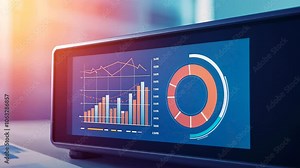 A modern analytics device displaying financial data on a desk with charts and graphs, business growth and technology.