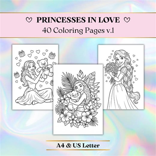 40 Princesses on Love Coloring Pages for Kids, Printable Bundle (digital Download) A4/US Letter Size - Etsy