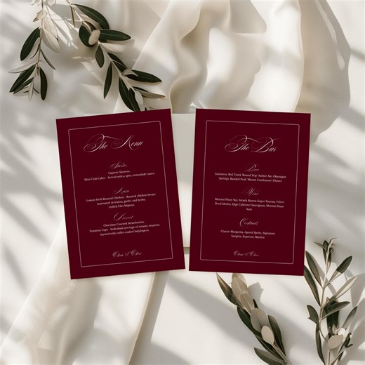 Old Money Menu Template, Maroon Menu and Place Card Set, Editable Canva Design - Etsy