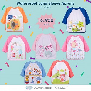 Our waterproof long sleeve aprons are a must have for messy eaters! Here are some of its unique features: Age: Upto 2 Years Front: 100% Polyester Back: 100% Polyurethane Waterproof backing Self-Fastening Closure Long Sleeve Smock Phthalate Free Shop now: https://bit.ly/2TQwx1y | Maya's Closet | Facebook