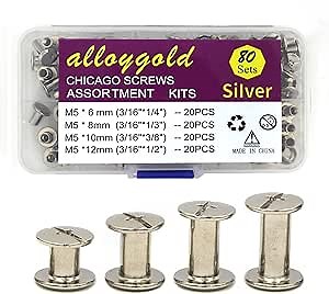 Alloygold 80Sets Chicago Screws Leather Rivets Assorted Screw Rivets M5 Chicago Binding Screws 1/4 1/3 3/8 1/2 inches for Decorate and Repair Leather Craft Belt Bag Shoes Purse Bookbinding（Silver）