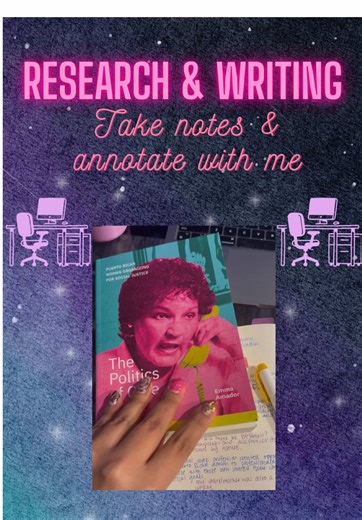 My tab key Blue: black studies/ colonialism Pink: affect Orange:embodiment Green: digital humanities Red: methods Purple: geography Yellow: history I was doing some reading yesterday and note taking, before I dive into my revising, I am about halfway done with the book! Each time I write a note or quote I say why I am writing it down in its context bc a few weeks or years later I won’t remember if I just have the quote written down. And yes while I’m on my walking pad I transcribe and transfer t