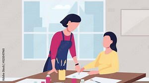 Animated art class illustration. Instructor with student. Creative workshop. Course for drawing, painting. Looped flat color 2D cartoon characters animation video in 4k with interior on background