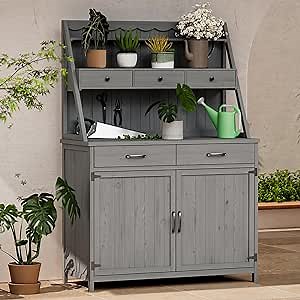 65" Large Potting Bench Table for Outside, Outdoor Garden Workstation with Storage Cabinet/Shelves/Drawers for Patio, Backyard (Gray)