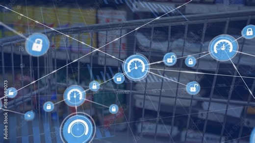 Animation of speedometer, lock icons connecting with lines against pie chart, cart in shopping mall