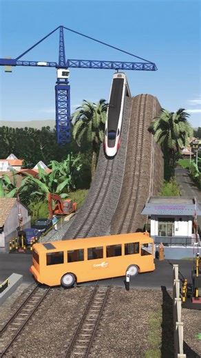 INSANE !!! 😱 4 Fast Trains Rush Downhil Through a Spinning Bus Obstacle 😱🚆#train #railway #railroad