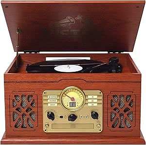 Victor VWRP-3800 State 7-in-1 Turntable Music Center with 3-Speed Record Player, CD/MP3/Cassette Player, FM Radio, Dual Bluetooth In & Out, and Built-in Stereo Speakers – Perfect for Music Enthusiasts