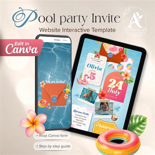 Pool Party Website Invitation, Interactive Summer Invite, Splash Birthday Web, RSVP Canva Template, Electronic Tropical Pool Party Invite - Etsy
