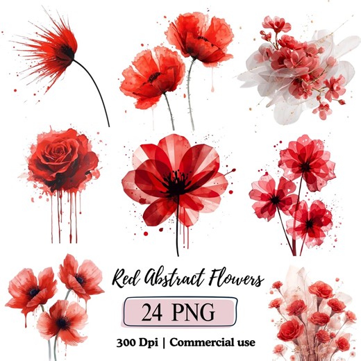 Red Abstract Flowers Clipart Watercolor Dried Flowers PNG Bundle Red Botanical PNG Printable Paper Craft Floral Illustration Decor Graphic - Etsy