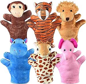 6 PCS Hand Puppets Set Animal Plush Puppet Elephant Tiger Giraffe Monkey Lion Hippo for Storytelling Playing Teaching Shows Playtime Schools Birthday Party Favor Supplies