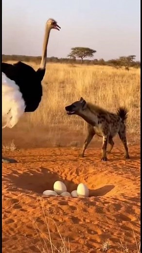 Ostrich Defends Eggs from Hyena in Violent Savanna Showdown