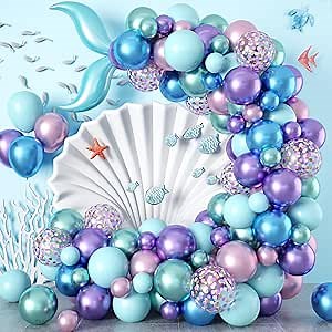 Mermaid Balloon Garland Kit, Purple Blue Green Mermaid Balloon Arch Kit with Mermaid Tail Foil Balloons, Metallic Purple Blue Green Confetti Balloons for Girls Ocean Theme Birthday Party Decorations