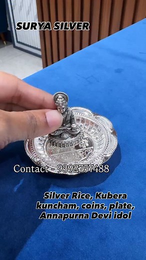 Silver rice , Kubera kuncham, Annapurna idol, plate , coins @suryasilver.in Contact - 9392757488 #silver #silver925 #silvercollection #silvergifts #silveridols #silverrice | Surya Silver