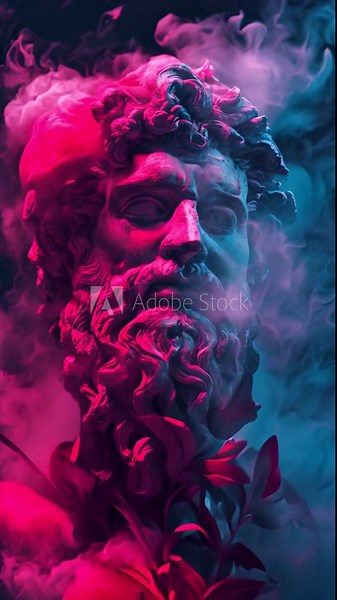 A striking depiction of the Roman god Pluto, ruler of the underworld, enveloped in a mysterious neon mist, highlighting his ethereal and commanding presence. Vertical video