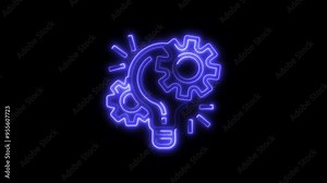 Neon Innovation Icon - Glowing Lightbulb and Gears on Black Background Representing Advanced Technology, Creative Thinking, and Modern High-Tech Solutions for Digital Innovation