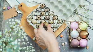 The hand puts a quail egg in the cardboard packaging. The concept of preparing for the Easter holiday with label mock up. Top view.