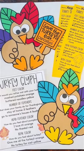 First Grade Teacher on Instagram: "🦃 Your students will gobble up this adorable Save the Turkeys Glyph Craft! This fun and meaningful activity is perfect for November and Thanksgiving week. Students will follow directions to create their own unique turkeys based on their answers to fun glyph questions — making each one totally different and full of personality! Display your finished turkeys with bulletin board letters that say “Save the Turkeys!”, “We’re Too Cute to Eat!”, or “Talk Turkey to Me