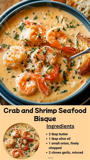 Crab and Shrimp Seafood Bisque Rich, creamy, and packed with seafood flavor — this bisque is the ultimate comfort bowl! Ingredients: 2 tbsp butter 1 tbsp olive oil 1 small onion, finely chopped 2 cloves garlic, minced 2 tbsp all-purpose flour 3 cups seafood stock (or chicken stock) 1 cup heavy cream ½ cup dry white wine (optional) ½ lb shrimp, peeled and deveined ½ lb lump crab meat ½ tsp paprika ¼ tsp cayenne pepper (optional, for heat) Salt and black pepper, to taste Fresh parsley, chopped (fo