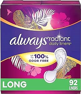 Always Radiant Daily Liners Light Absorbency, Long Length, Up to 100% Odor Free and Fragrance Free, with Edge-2-Edge Adhesive, 92 ( individually wrapped )