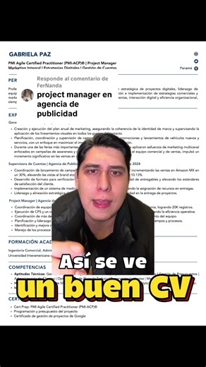 Así se ve un buen CV con experiencia si sos project manager Y si no es tu caso déjame tu carrera en los comentarios y te muestro un CV adaptado a tu área 📲 Si queres que optimícenos tu CV y LinkedIn; escríbeme al enlace de mi perfil #cvprofesional #curriculum #curriculumvitae #mexico #panama