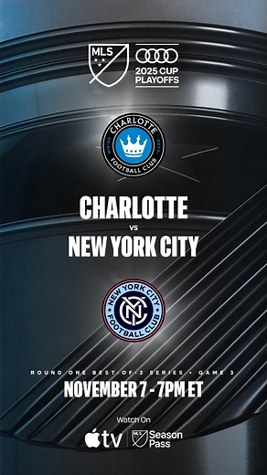 All for the Cup! Watch Game 3 of New York City FC vs Charlotte FC on Nov. 7st. Watch Round One of the @AudiUSA MLS Cup Playoffs on Apple TV or MLS Season Pass. | Major League Soccer (MLS)