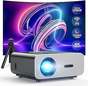 Native 1080P Projector 4K Support, 5G WiFi Bluetooth Portable Projector with Tripod, 11000L Movie Projector, 300" Display Home Projector Compatible with HDMI/TV Stick/iOS/Android/PS5