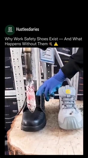 Motivation | Growth | News on Instagram: "One shoe collapses instantly. The other is engineered to survive anything. This test exposes the real difference between everyday footwear and work safety shoes under extreme conditions. Regular shoes are designed for mobility and comfort, which means their materials compress, burn, and fail the moment serious force or heat is applied. Work safety shoes are built differently. Reinforced toe caps resist crushing loads. Heat-resistant uppers prevent burn-t